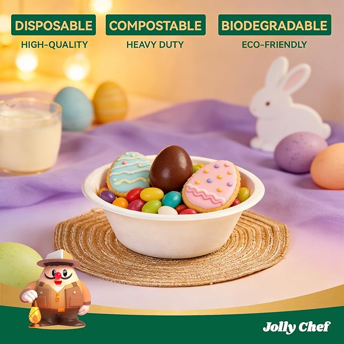 JOLLY CHEF Compostable Disposable Paper Bowl [12 oz] Heavy Duty Soup Containers [150 Pack] Biodegradable Bagasse Hot Cold Food Eco-Friendly Sugarcane Microwavable Bowls for Salad Milk Thanksgiving Day