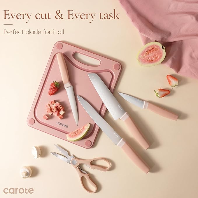 CAROTE 9 Pieces Kitchen Knife Block Set with Sharpener, Dishwasher Safe Knives for Kitchen, Forged Cutlery with Razor-Sharp Stainless Steel Blades, Pink