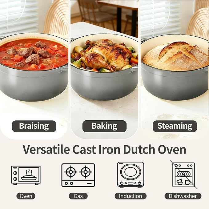Enameled Cast Iron Dutch Oven with Lid -6.5 QT, incl. Sourdough Bread-Baking Supplies like Banneton Proofing Basket, Heavy Duty Cookware Bread-Oven for Baking, Stews, and Roasting, Gray