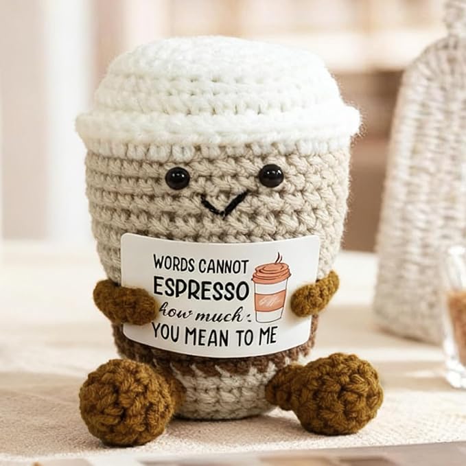 Coffee Lovers Cute Birthday Gifts for Women Men Positive Crochet Espresso Coffee Cup Desk Decor–Funny Emotional Gift for Best Friends Girlfriend Wife Husband Coworkers Thank You Valentins
