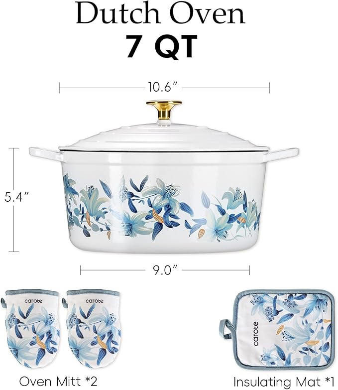 CAROTE 7QT Cast Iron Dutch Oven Pot with Lid, Enameled Floral Dutch Ovens with Cotton Potholders & Oven Gloves, Versatile Heavy-Duty Cookware for Sourdough Bread Baking, Braising, Stews, All Stovetop Compatible, Oven Safe up to 500° F, White & Blue