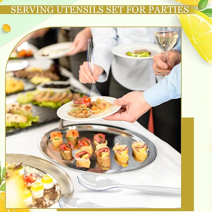 Mwellewm 18Pcs Serving Utensils, 10'' Plastic Serving Utensils Set, Large Disposable Serving Spoons for Buffet, Tongs for Serving Food, Party Supplies for Salad Soup Noodles Dinner Catering(Clear)