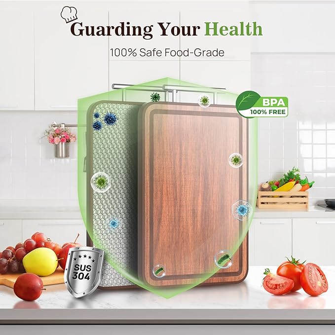 Stainless Steel Cutting Board Wood Double Sided Chopping Cutting Boards for Kitchen - 2 in 1 Ebony Metal with Handle Scratch Resistant Raw Meat Vegetable Fruit Cooking Gift 16.3''×10.4''×1''(Upgraded)