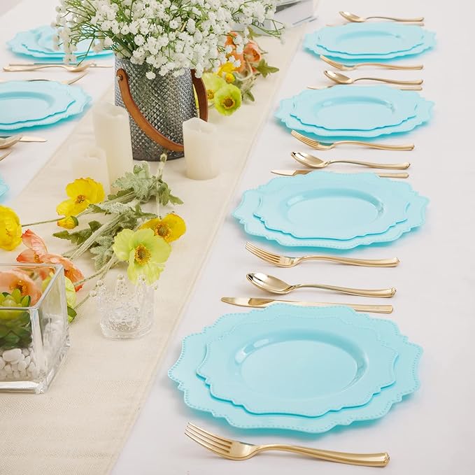COLOSUS 60Pcs Blue Plastic Plates, Light Baby Blue Party Plates, Heavy Duty 30 Dinner plate 10.5” and 30 Salad/Dessert Plate 8.25” for Easter day, Party,Dinner