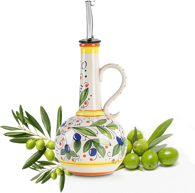 18 oz Ceramic Olive Oil Dispenser Bottle for Kitchen, Large Capacity Oli and Vinegar Cruet with Stainless Steel Spout, 540 ml Oil Container with Handle for Cooking Preventing, Vinegar Cruet