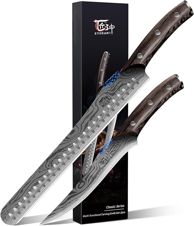 Brisket Slicing Knife Set, Carving and Boning Knife for Meat & Turkey Cutting, Japanese Style High Carbon Steel Kitchen Knives Set For Home & BBQ, Wood Ergonomic Full Tang Handle, Ideal Gift