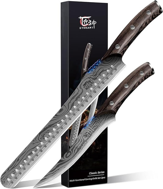 Brisket Slicing Knife Set, Carving and Boning Knife for Meat & Turkey Cutting, Japanese Style High Carbon Steel Kitchen Knives Set For Home & BBQ, Wood Ergonomic Full Tang Handle, Ideal Gift