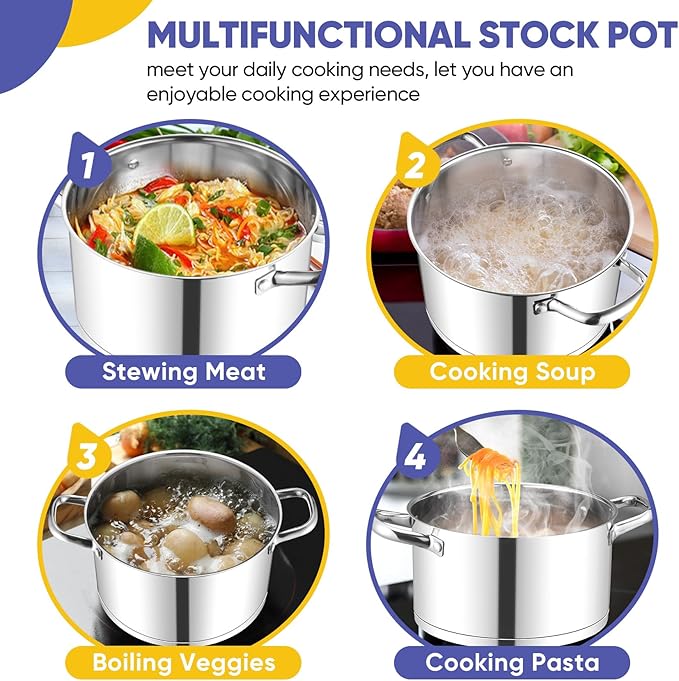 TeamFar 8QT Stock Pot with Lid, Stainless Steel Tri-ply Bottom Cooking Pot for Vegetable Pasta Soup, Works with Induction/Gas/Glass/Ceramic Stoves, Non-toxic & Sturdy, Straight Side & Riveted Handles