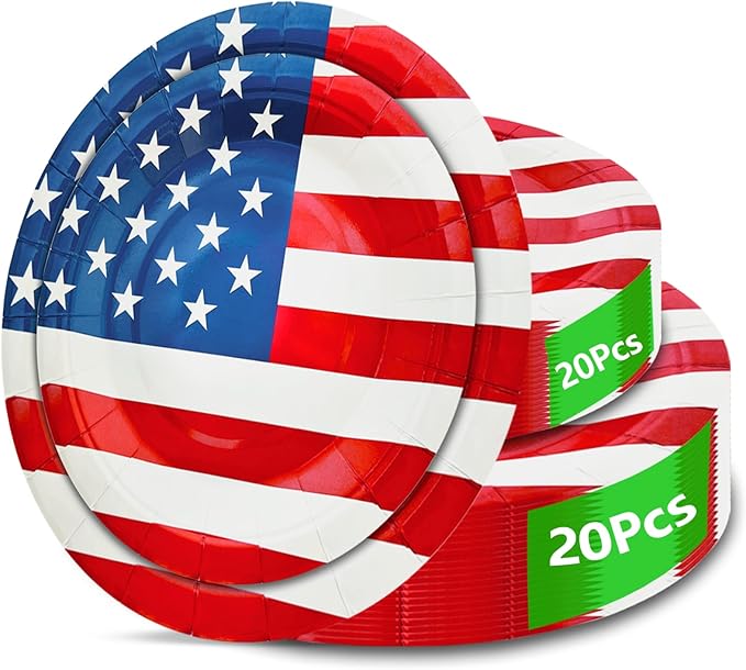 4th of July Plates, 40pcs Party Paper Plate Set Disposable 4th of july Party Food Dinner Dessert Plates Birthday Tableware Decorations Favors, Including 20pcs 9" and 20pcs 7" for 4th of july Plate