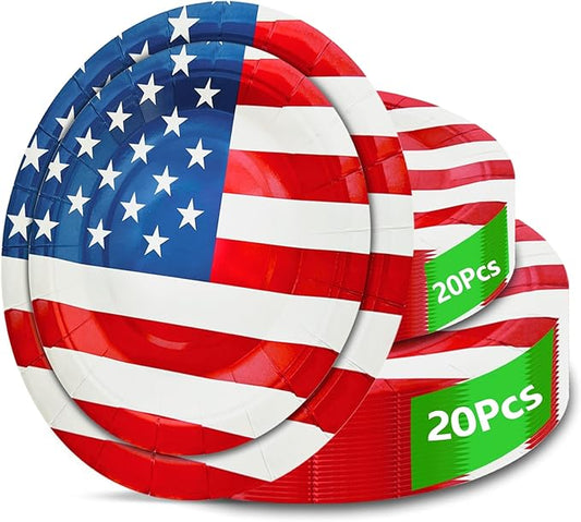 4th of July Plates, 40pcs Party Paper Plate Set Disposable 4th of july Party Food Dinner Dessert Plates Birthday Tableware Decorations Favors, Including 20pcs 9" and 20pcs 7" for 4th of july Plate