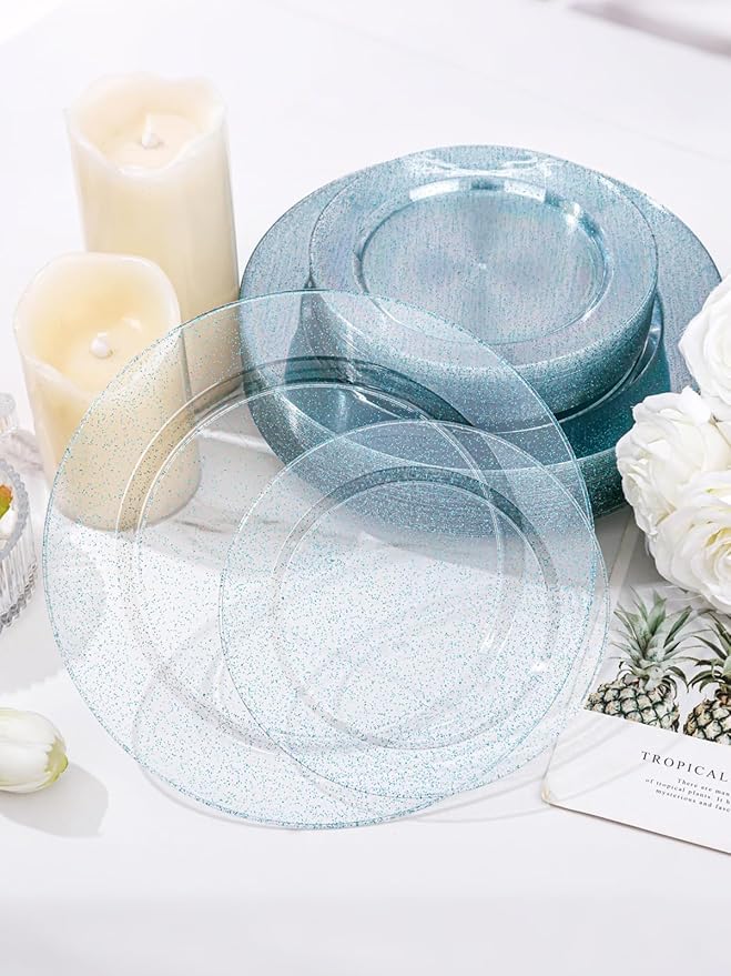 WDF 200PCS Blue Plastic Plates - Blue Glitter Plastic Plates - Heavy Duty Disposable Plates - Include 100 Dinner Plates 10" and 100 Dessert Plates 7" for Parties/Wedding/Graduation/Easter