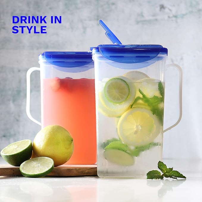 Blue BPA Free Plastic Pitcher Set of 2 - 50 Oz. Jug with Lid for Fridge, Iced Tea, Lemonade, Water