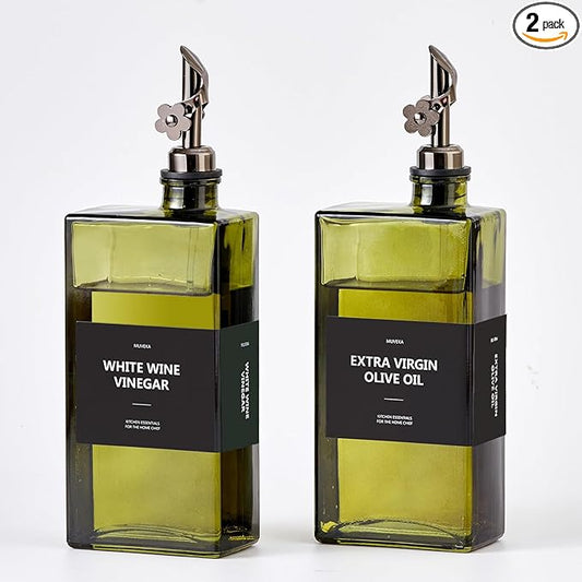 Olive Oil Dispenser Bottle for Kitchen, 16.9oz /500ml Cooking Vinegar Dispenser Bottle Set, Glass Sauce Container, Labels, Brush, Funnel, Stoppers, Green for Oil, Wine