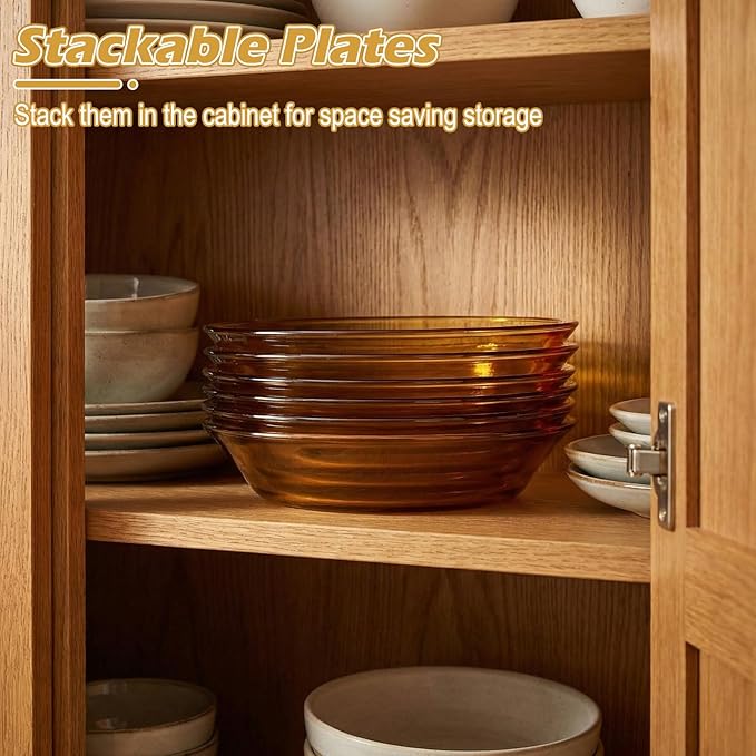 4 Pack Glass Pie Pan 8 Inch Round Baking Dishes Amber Glass Pie Dishes Serving Plates for Snacks, Salads, Desserts, Quiche, Tart, Oven and Dishwasher Safe, Heat Resistant