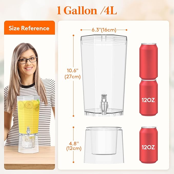 Lifewit 1 Gallon Drink Dispenser for Parties, 4L Plastic Beverage Container with Stand for Juice/Tea/Soda & Lemonade, Clear Water Pitcher with Spigot for Mimosa Bar Hosting 39 x 16 cm/15x6"