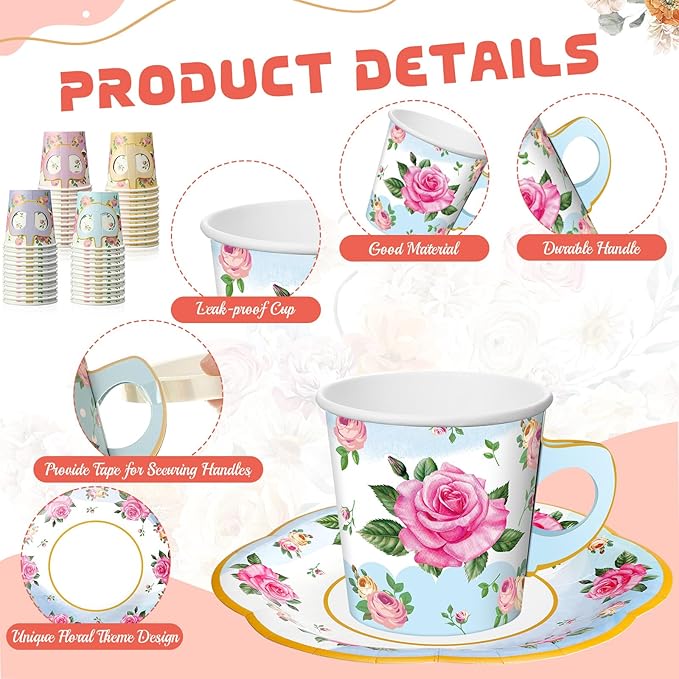 Umigy 60 Sets Spring Tea Party Decorations 6.5 oz Floral Paper Teacups & Saucer Set for Girls Women Afternoon Tea Parties Mothers Day Bridal Shower Wedding Birthday Party Decorations(Gradient Color)