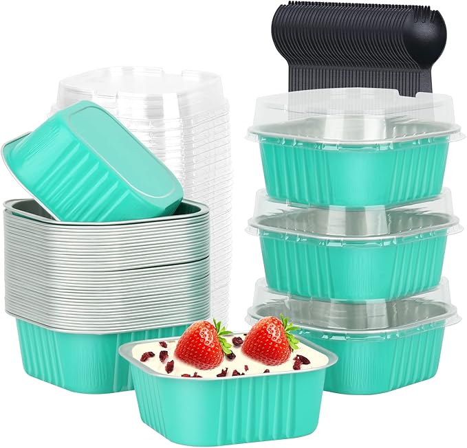 LNYZQUS 10oz Aluminum Brownie Pans 40 Pack, Square 4”X4” Disposable Ramekins Cupcake Liners with Lids,Mini Cake Baking Pans,Large Muffin Tin Holders for Catering Gathering-Cyan Blue