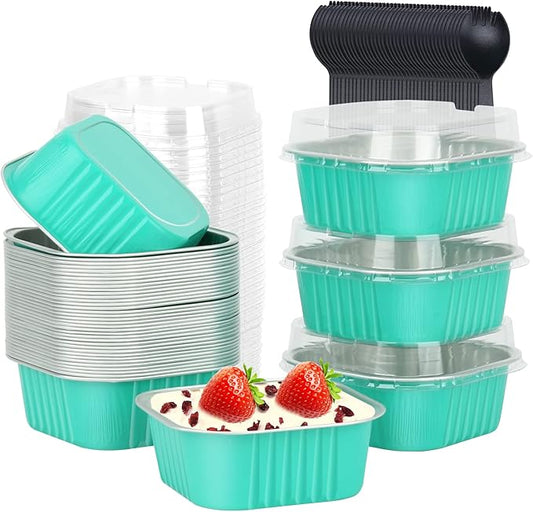LNYZQUS 10oz Aluminum Brownie Pans 40 Pack, Square 4”X4” Disposable Ramekins Cupcake Liners with Lids,Mini Cake Baking Pans,Large Muffin Tin Holders for Catering Gathering-Cyan Blue
