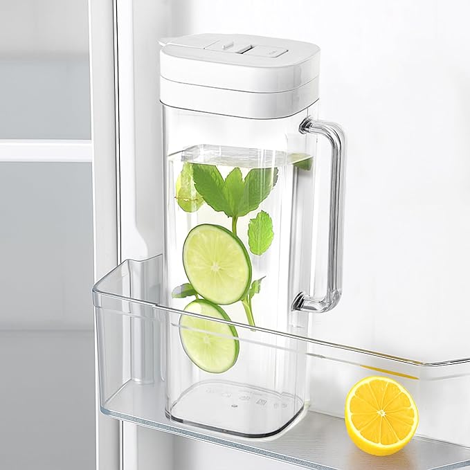 SlimFit 2 Quart (2 Liter) pitcher with lid - Water jug for fridge door - Leakproof 64oz plastic pitcher with lid - Drink Container for Juice, Iced Tea, Coffee, BPA-Free Plastic, White