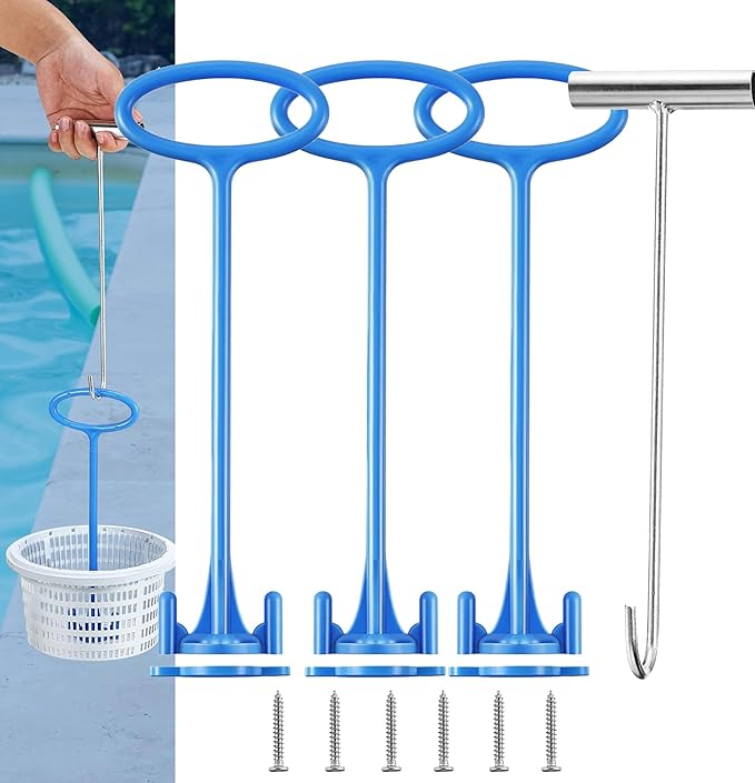Dreyoo Pool Skimmer Basket Handle, Universal Skimmer Basket Hook Tool with Handle for Inground Above Pool Debris Removal, Keeps Hands Clean and Safe(3 Pieces)