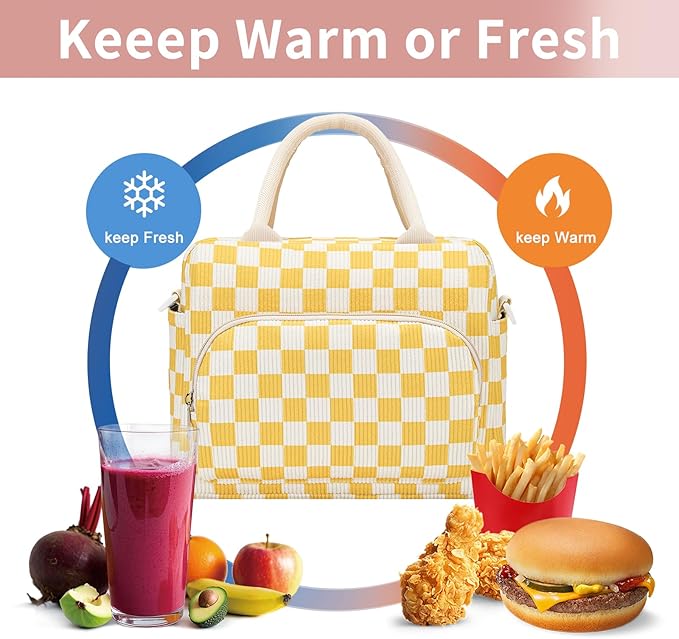 Lunch Box for Women Insulated Lunch Bag Women Adult Cute Lunch Bags Reusable Lunchbox Cooler Tote Bag for Work Picnic (Yellow-Plaid)