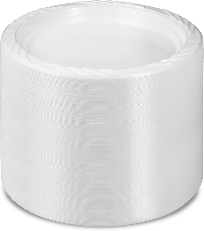 Munfix 100 Pack White Plastic Dinner Plates, 9 Inch Disposable Plates, Bulk Pack for Party, BBQ, Picnic, Parties, Travel and Events, Microwavable Recyclable