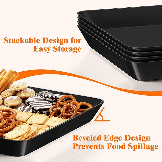 8-Pack Serving Tray Set, Reusable Plastic Serving Platter for Party Supplies, Entertaining, Grilling Accessories, Stackable Kitchen Snack Container for Dessert, Fruit, Cookie, (Black)