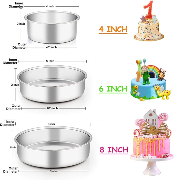 E-far Cake Pan Set of 3 (4 inch/6 inch/8 inch), Stainless Steel Small Round Layer Cake Baking Pans, Perfect for Tier Smash Cake, Non-Toxic & Healthy, Mirror Finish & Dishwasher Safe