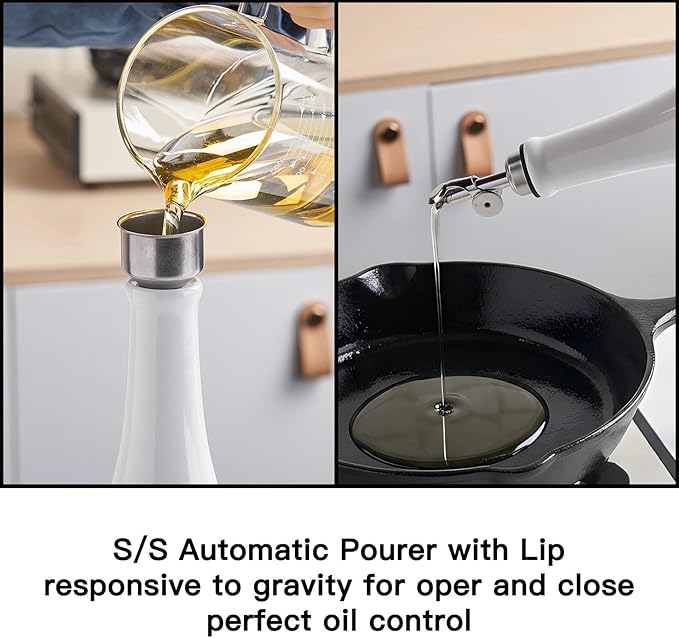 YOLIFE Olive Oil Dispenser Bottle, 16oz Ceramic Oil Dispenser for Kitchen, Oil Bottle with Gravity Spout, Leak Proof EVOO Dispensing Bottle with 2 Spouts and 1 Funnel for Vinegar, Juice(White)