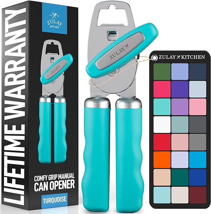 Zulay Kitchen Heavy Duty Stainless Steel Can Opener Manual with Bottle Opener - Rust Proof Manual Can Opener With Turn Knob & Comfy Soft Grip Handles - Turquoise