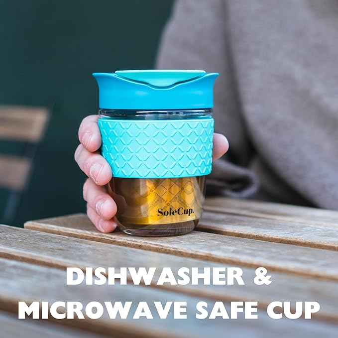 Travel Mug Loose Tea Infuser - Detachable Tea Strainer with Spillproof Lid - BPA-Free Reusable Glass Travel Coffee Cup with Silicone Band (Gray and Pink, 12oz)