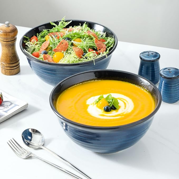 MEKY Serving Bowls, 84 Ounce Mixing Bowl Set of 2, 9 Inch Large Ceramic Salad Bowls for Kitchen, Perfect for Cooking Baking Soup Pasta Fruit and Popcorn, Microwave and Dishwasher Safe, Blue
