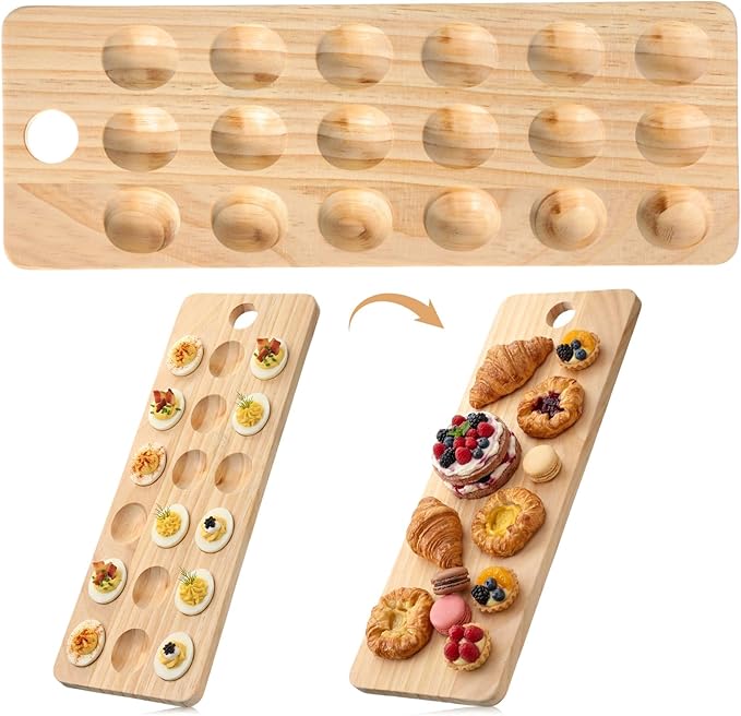 Wenqik Easter Deviled Egg Platter 18 Hole Holder Tray Wooden charcuterie Cheese Board Tray Holder Easter Holiday Entertaining Deviled Egg Plate for Party Kitchen Countertops