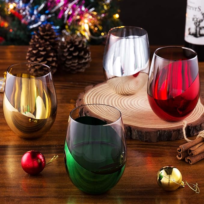 MyGift 4 Piece Stemless Glassware Set, Holiday Multicolor Angled Wine Glasses, Dipped Gold Silver Red Green Colored Mirrored Glass Cocktail Drinking Cups, 18 oz Capacity