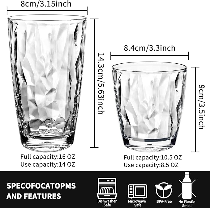 Top-spring 16-Ounce Clear Unbreakable Tumblers - Dishwasher Safe, Stackable Shatterproof Plastic Drinking Glasses Set of 4; BPA-free