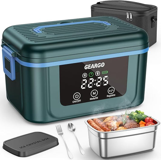 GEARGO 𝟔.𝟑 𝐂𝐮𝐩𝐬 Cordless Electric Lunch Box, 𝟐𝟒𝟎𝟎𝟎𝐦𝐀𝐡 Heated Lunch Box Battery Powered with Ice Crystal Box, 24 Hours Scheduled Rechargeable Heating Lunchbox for Adults Men Women