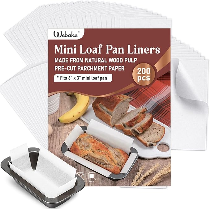Webake 200Pcs Unbleached Parchment Paper Mini Loaf Pan Liners for 6x3 Small Banana Bread Pan, Original Precut, Non Toxic Baking Papers
