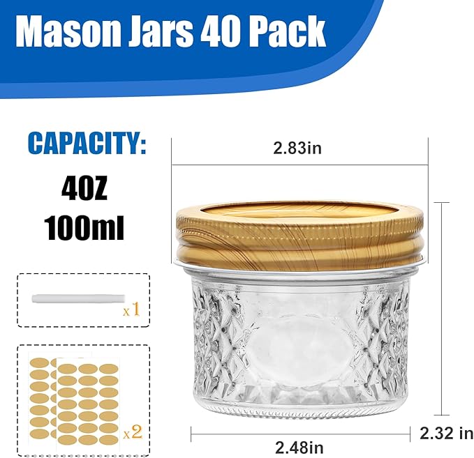 Accguan Mini Mason Glass Canning Jars,4 OZ Jelly Jars With Woodgrain Lids and Bands,Ideal for Honey,Jam,Wedding Favors,Shower Favors,Small Pice Jars 40 PACK