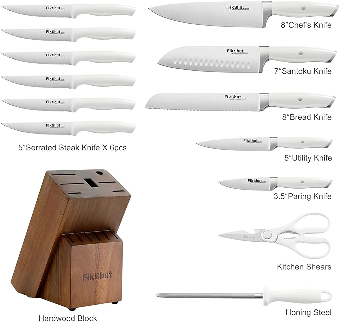Knife Set 14-Piece Professional Chef Knives with Block and Sharpener, Elegant White Stainless Steel for Small Apartments, Modern Kitchens and Rental Homes, Dishwasher-Safe, Gift for Chefs