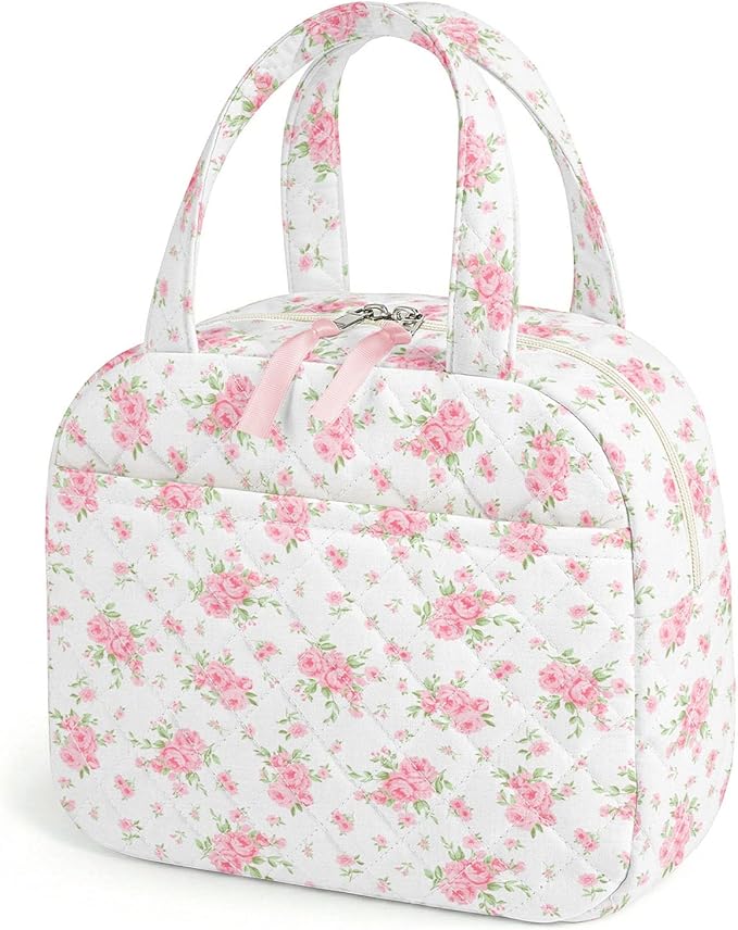 Quilted Lunch Box for Women,Coquette Aesthetic Lunch Box for Teen Girls,Cute Floral Lunch Bags for Work, School,Office,Picnic,Travel (Big Pink Floral)