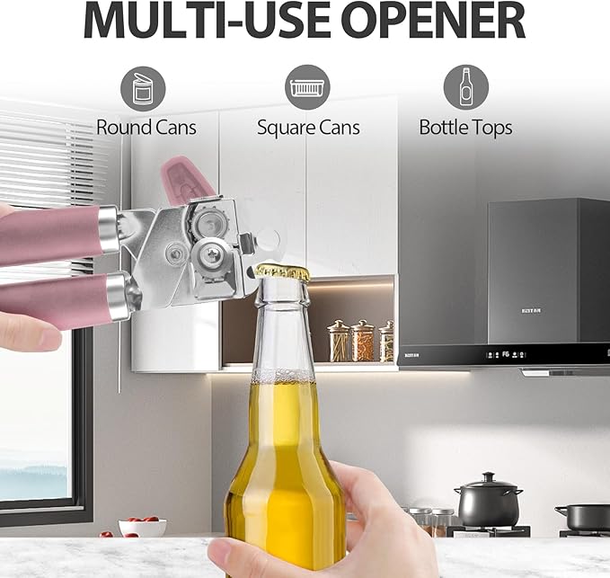 Can Opener Manual, Heavy Duty Handheld Strong Can Opener with Soft Touch Handle, Sharp Blade Smooth Edge, Can Openers with Multifunctional Bottle Opener, Pink