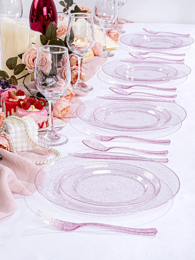 WDF 200PCS Pink Plastic Plates - Rose Gold Glitter Plastic Plates - Heavy Duty Pink Glitter Disposable Plates for Wedding Baby Shower Spring Birthday Easter