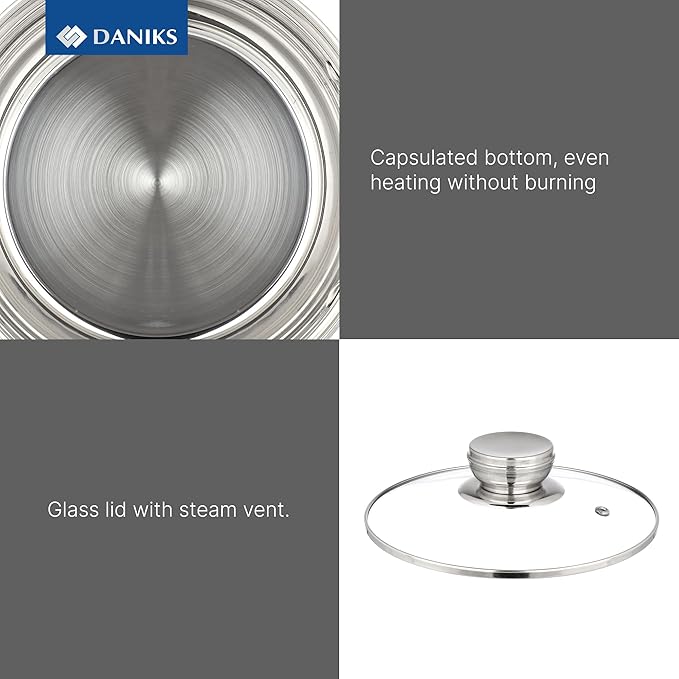 Daniks Standard 3 Quart Stainless Steel Stock Pot with Glass Lid, Try-Ply Bottom for Even Heating, Induction Compatible, Dishwasher Safe, Built-In Measuring Scale, Silver