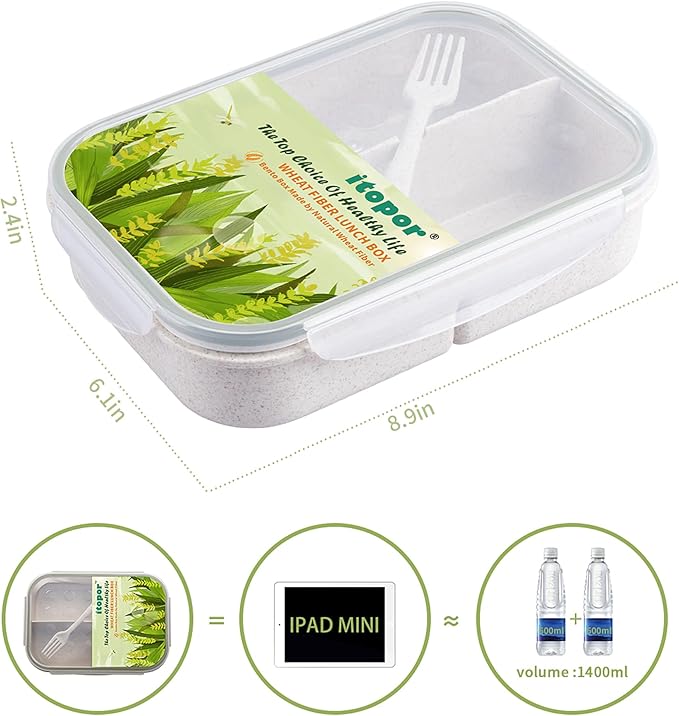 Wheat Straw Lunch Box, Leakproof 3-Compartment Bento Box for Kids & Adults, BPA-Free, Microwave & Dishwasher Safe, 5.5 Cup/1400 ml, White