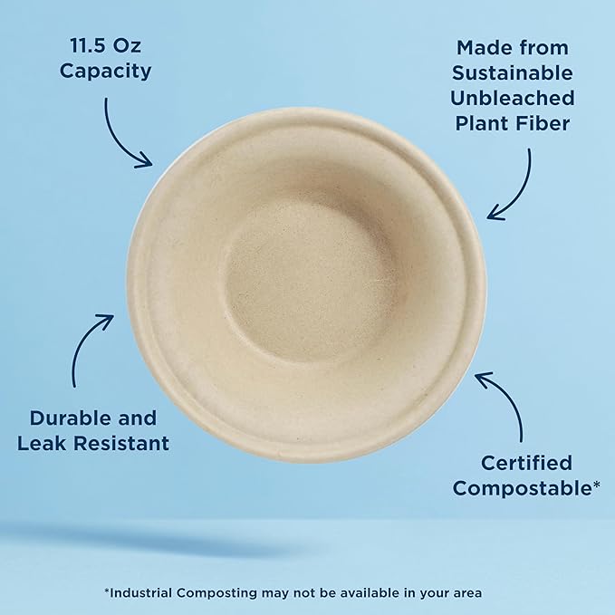 World Centric Compostable Paper Bowls, 11.5 Oz (Pack of 20), Made from Unbleached Plant Fiber, Sustainable, Heavy Duty, Leak Resistant, Microwave & Freezer Safe, PFAS Free