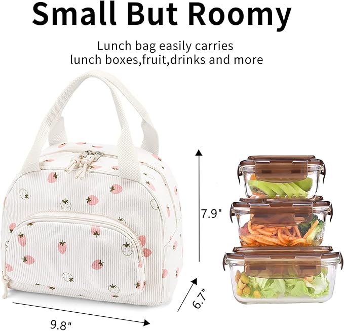 Lunch Bag Women Lunch Box for Women Adult Cute Insulated Lunch Bag Small Cooler Lunch Tote Bags for Work Picnic Travel (Beige-Light Strawberry)