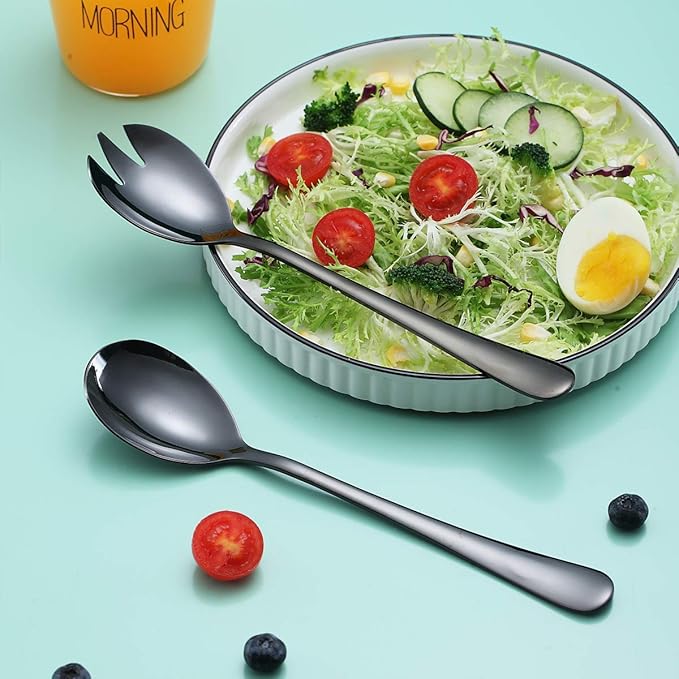 Berglander Stainless Steel Salad Server Set With Titanium Black Plating - Salad Servers, Spoon, Fork - Pack of 2 (Shiny Black)
