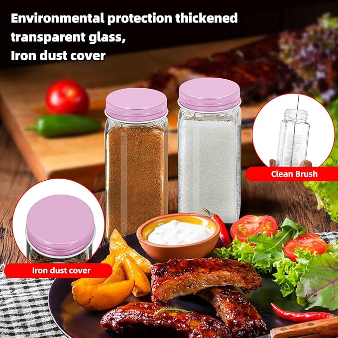 2Pcs 4oz Glass Spice Jars with Shaker Lids, Spice Jars Trial Set & Supplement Set, Empty Spice Containers and Square Spice Bottles for Kitchen (Pink iron Lids)