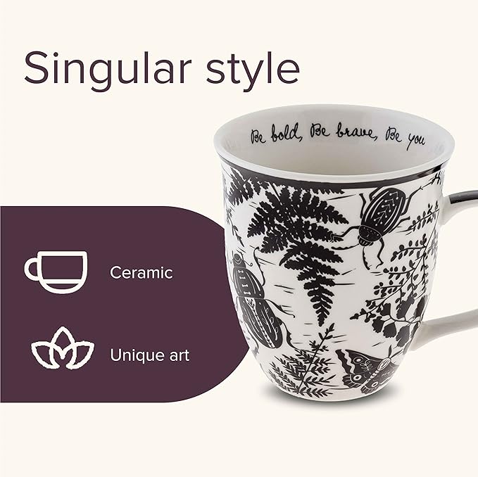 Karma Gifts 14 oz Black and White Boho Mug Beetle - Cute Coffee and Tea Mug - Ceramic Coffee Mugs for Women and Men