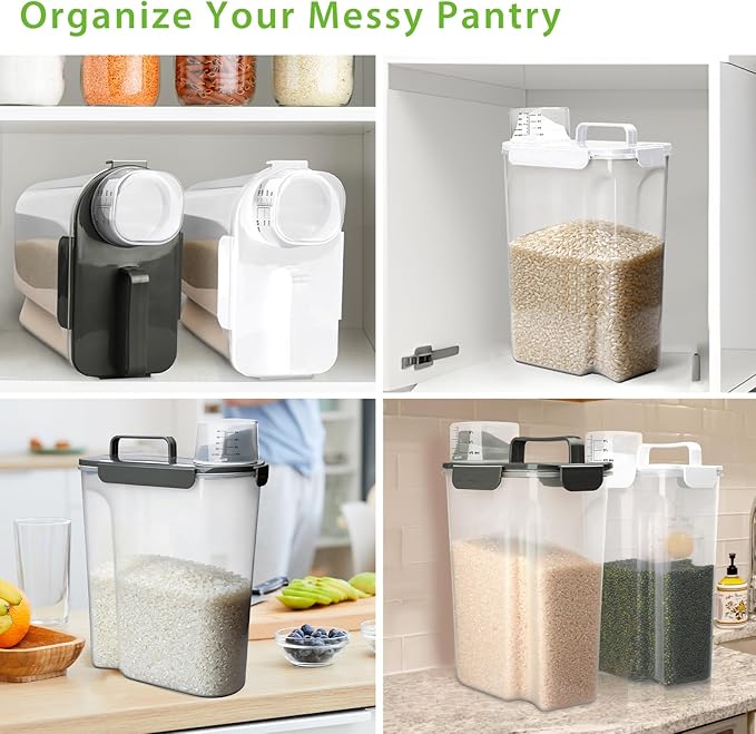 Rice Storage Container, 10 to 20lb Dry Food Airtight Dispenser, Pet Dog Cat Food Canister, BPA Free Clear Plastic Kitchen and Pantry Organization Bin for Oatmeal, Cereal, Pasta, Flour White
